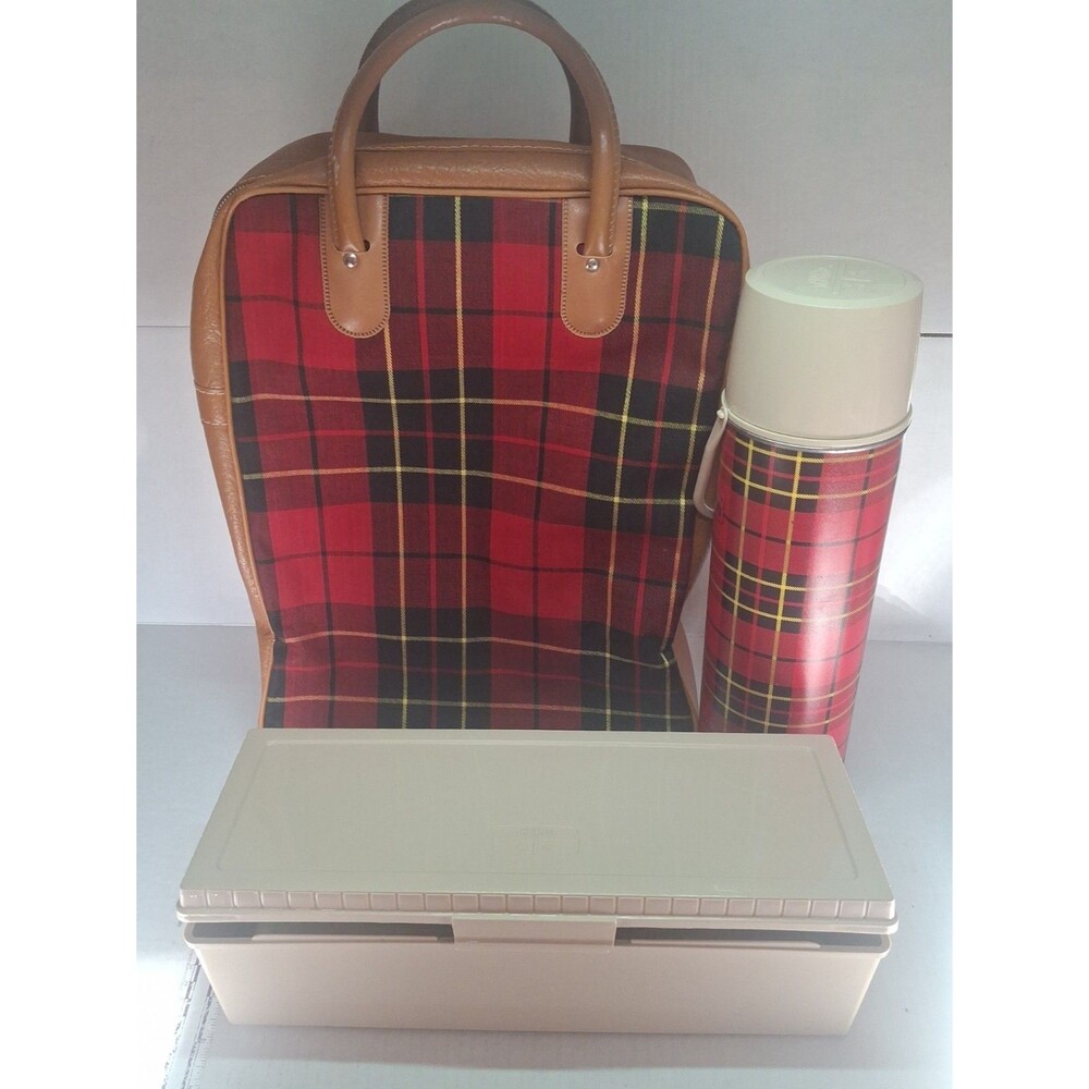 vintage 1970s thermos picnic set, plaid, zipper works, good shape for 50+ years